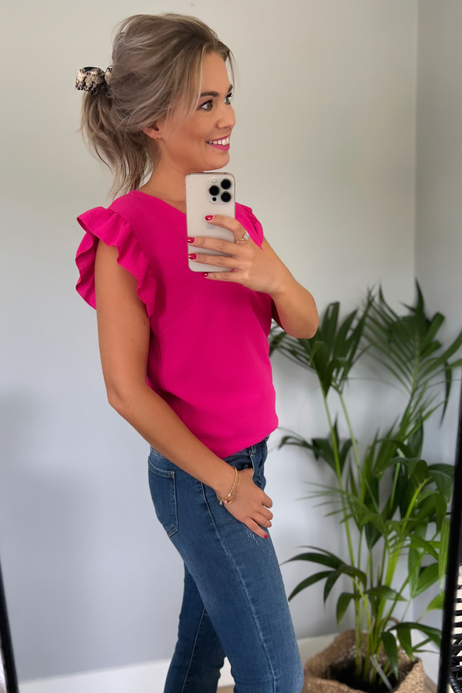 Ruffle Top Fel Roze V hals