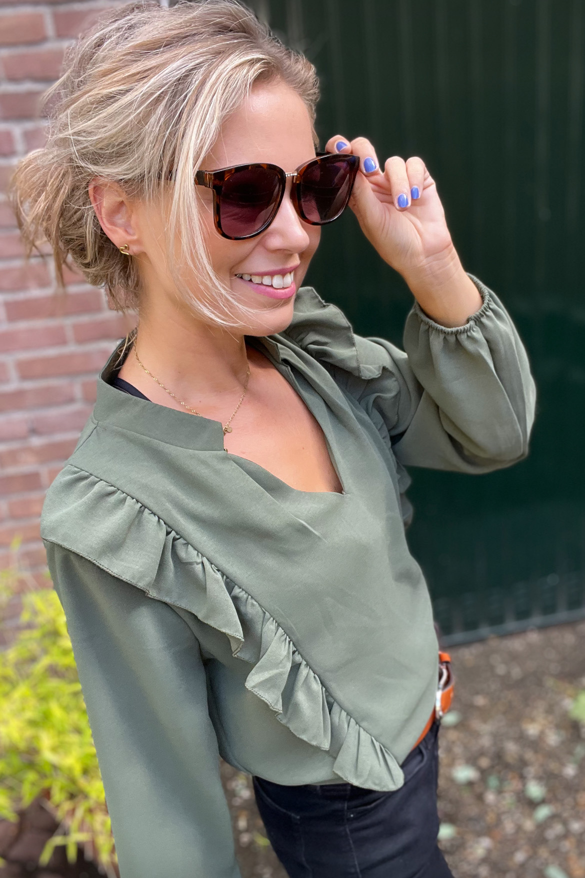 Olijfgroene blouse najaar